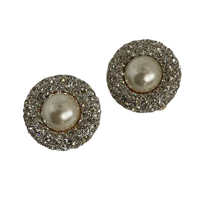 A Pair of Vintage Faux Pearl Clip Earrings with Clear Crystals