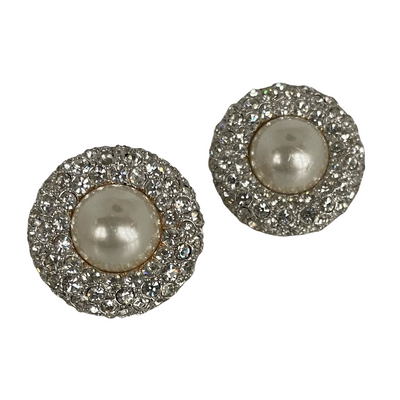 A Pair of Vintage Faux Pearl Clip Earrings with Clear Crystals